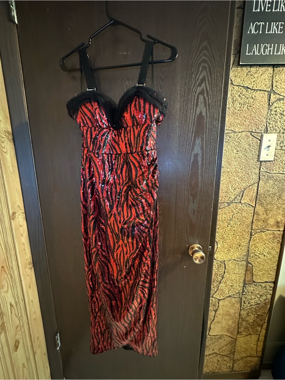 Red Sequin Strapless Zebra-Print Bodycon Dress